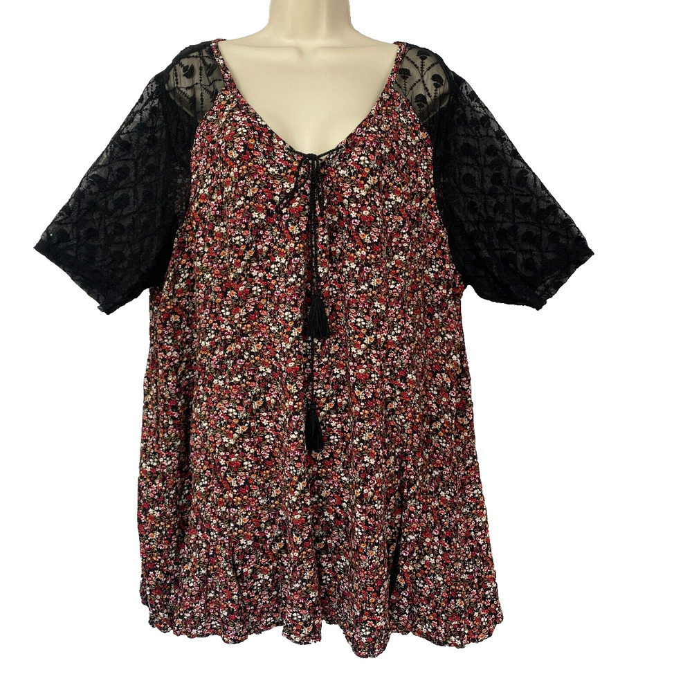 Torrid Top 4 Floral Sheer Lace Cottage Core Peasant Boho‎ Fairycore Black Red 4X